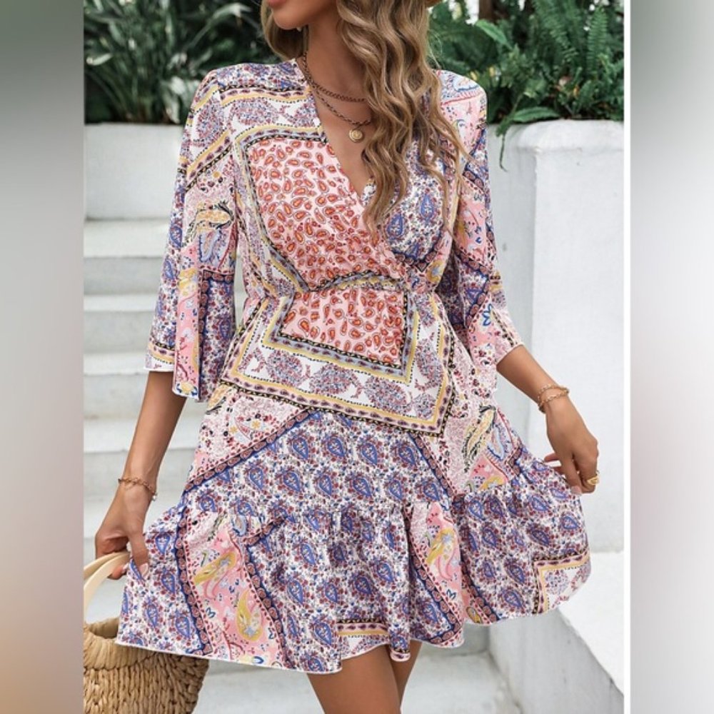 Scarf Print Flounce Sleeve Dress - Picture 3 of 6